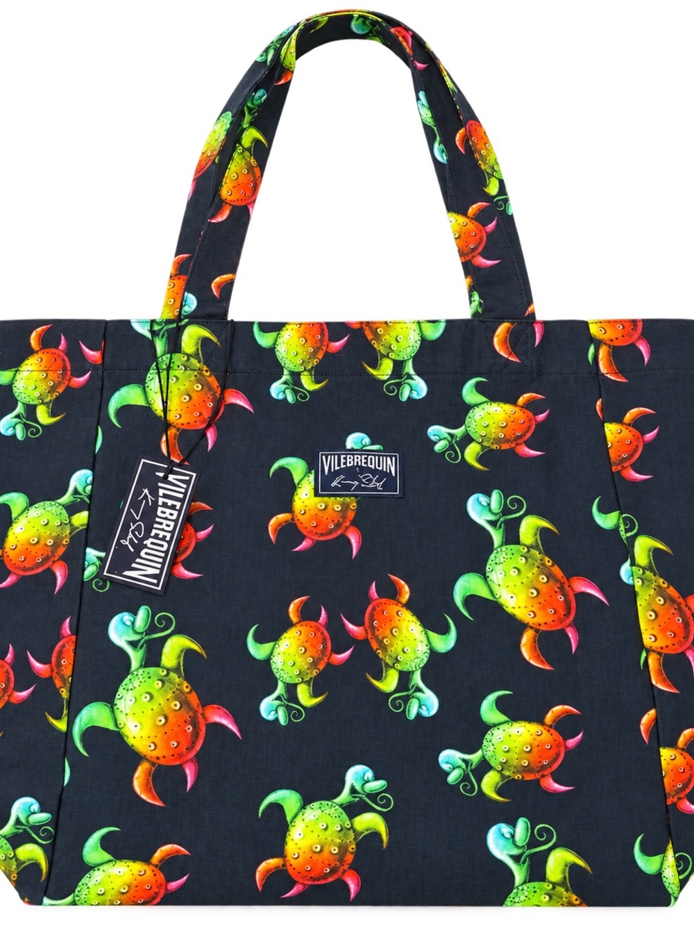 Vilebrequin Black Tote Bag with Neon Turtle Print
